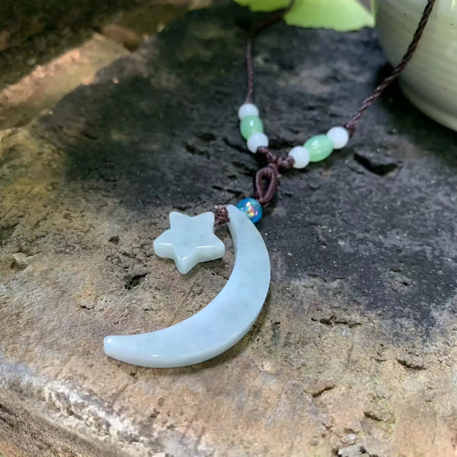 Grade A Natural Myanmar Jade Star Moon Pendant Necklace, Lucky Talisman