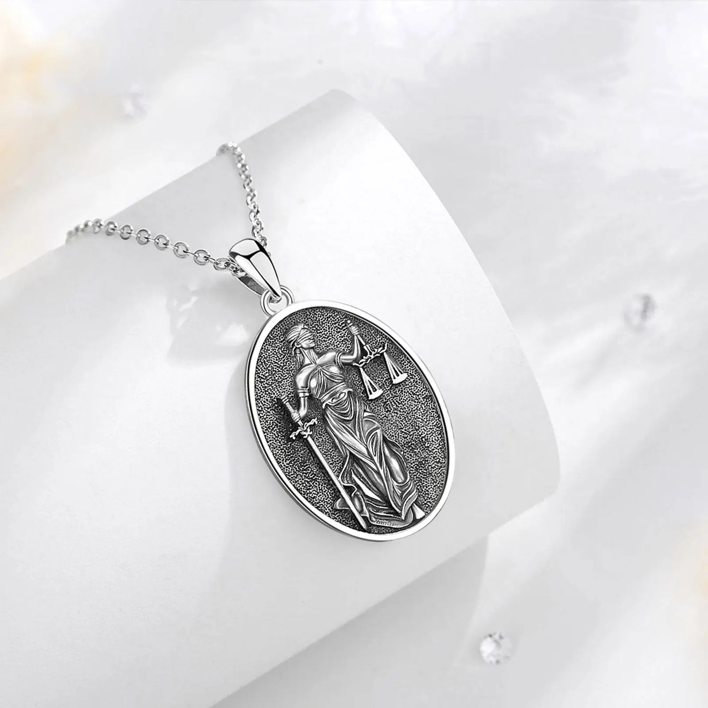 S925 Sterling Silver Themis Goddess of Justice Pendant Necklace, Sword & Scales Wicca Talisman
