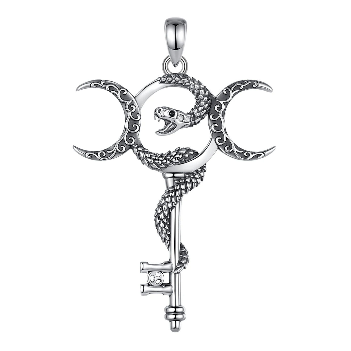 S925 Sterling Silver Hecate Triple Moon Goddess Pendant Necklace, Snake & Key Pagan Wicca Amulet