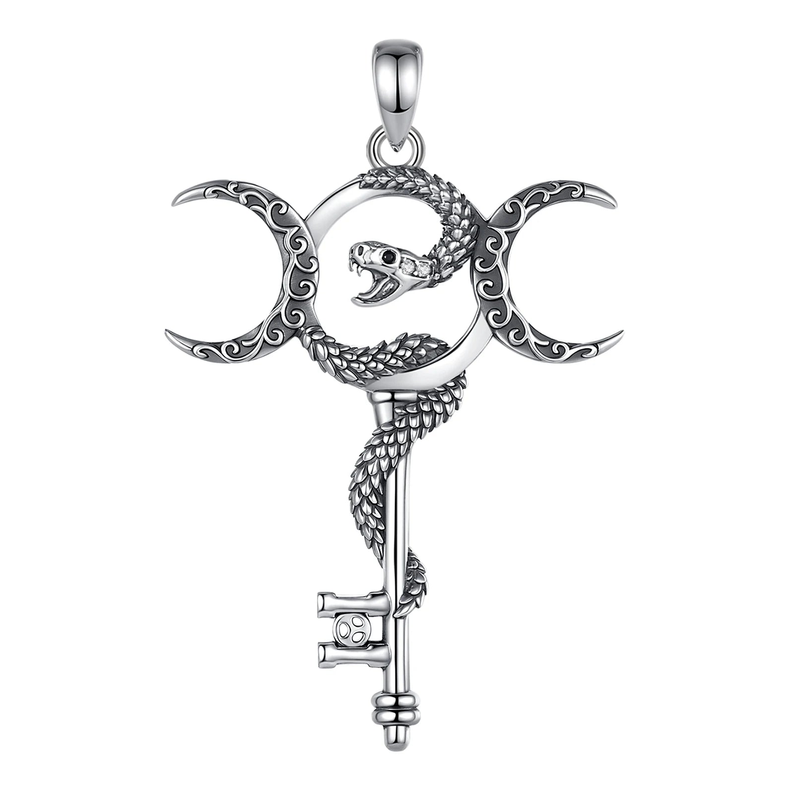 Eudora 925 Sterling Silver Hecate Triple Moon Goddess Necklace Snake Key Amulet Pendant Pagan Wicca Jewelry Gift for Women Men