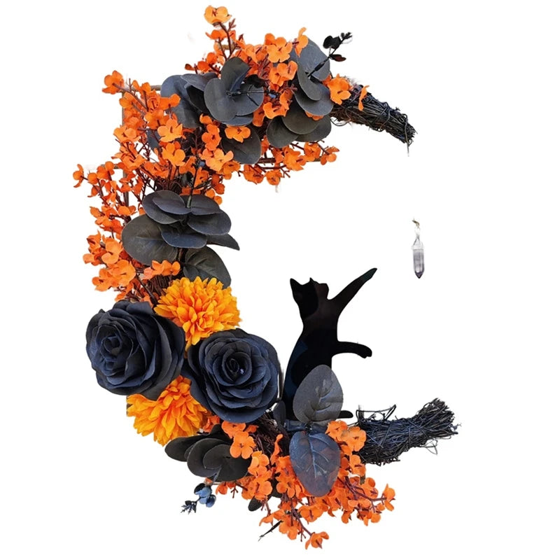 Halloween Signs Moon Shaped Door Wreaths Goth Roses Black Cats Garland Front Door Ornament Halloween Decor - Charlie Dolly