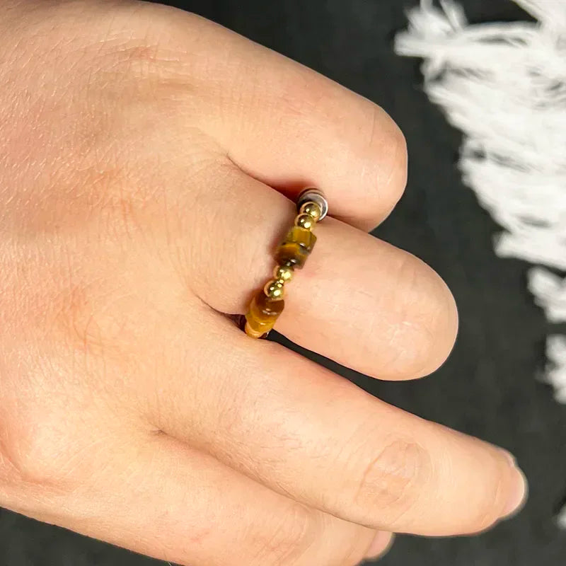 Boho 2*4mm Natural Stone Rings Women Handmade Jewelry Friendship Gifts Agate Tigereye Opal Statement Ring Stainless Steel Beads