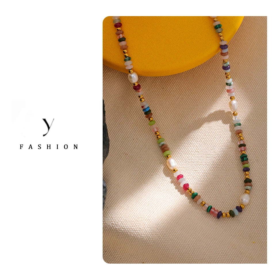 Yhpup Y2K Natural Pearl Stone Colorful Handmade Boho Necklace Women Stainless Steel Aesthetic Gold Color Fashion Jewelry