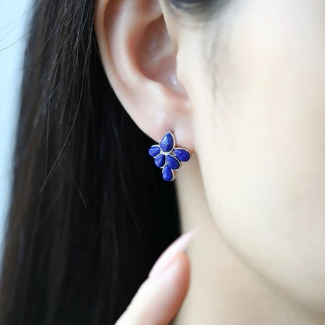GEEZENCA 925 Silver Lapis Lazuli Turquoise Leaf Stud Earrings Women Gold Plated Trendy Dainty Lightweight Statement Earring Gift - Charlie Dolly