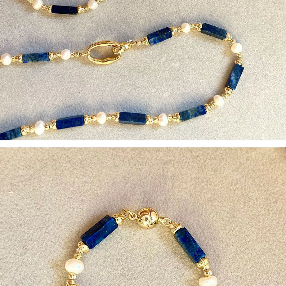 Exclusive Design Personalized Natural Freshwater Pearl Lapis lazuli Necklace Bracelet Earrings Copper Plated 14k Gold Accessorie - Charlie Dolly