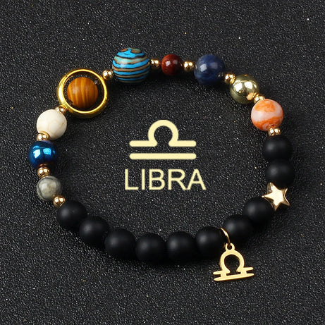 Eight Planets & Twelve Zodiac Beaded Bracelet, Natural Stone Cosmic Astrology Talisman