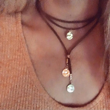 Hammered Coin Disc Velvet Rope Choker Necklace Jewelry
