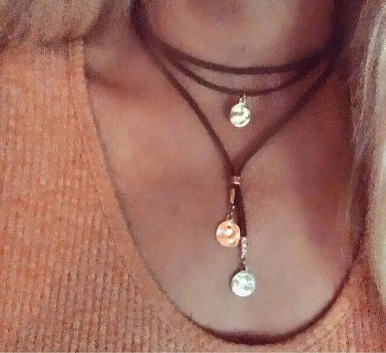 Hammered Coin Disc Velvet Rope Choker Necklace Jewelry
