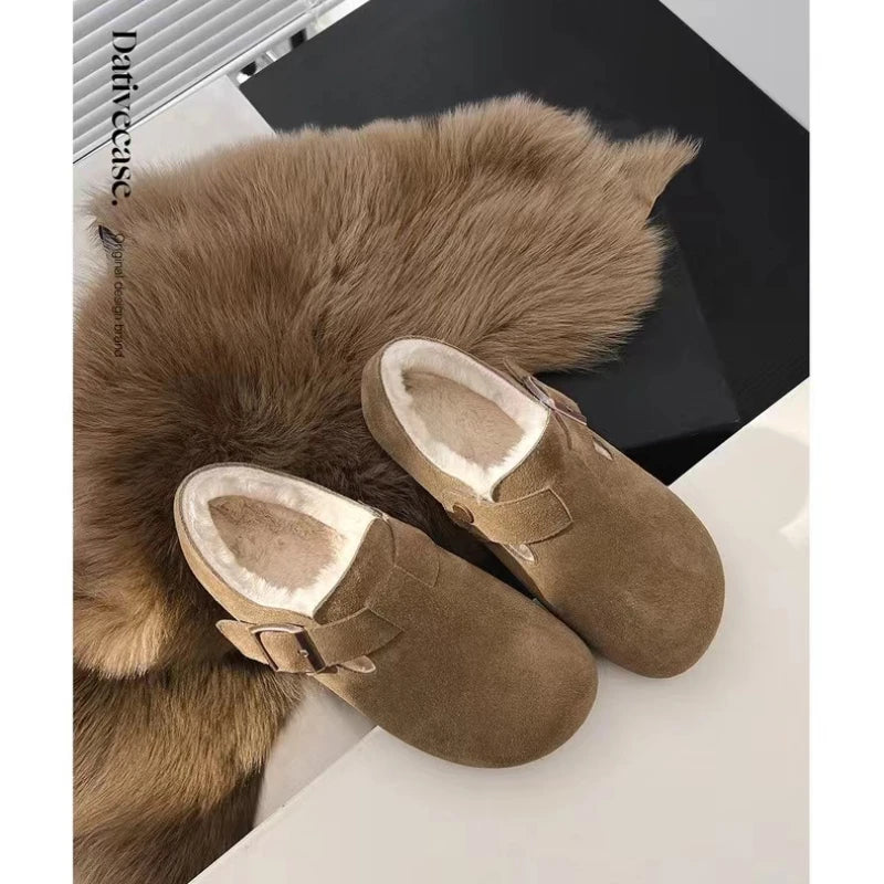 Shoes Woman Flats Round Toe Casual Female Sneakers Slip-on Loafers Fur Dress New Winter Retro Shallow Mouth Slippers Women - Charlie Dolly