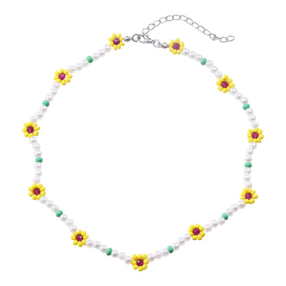 Dvacaman Boho Handmade Sunflower Beaded Necklace For Women Fashion White Imitation Pearl Choker Necklace INS Jewelry Accessories
