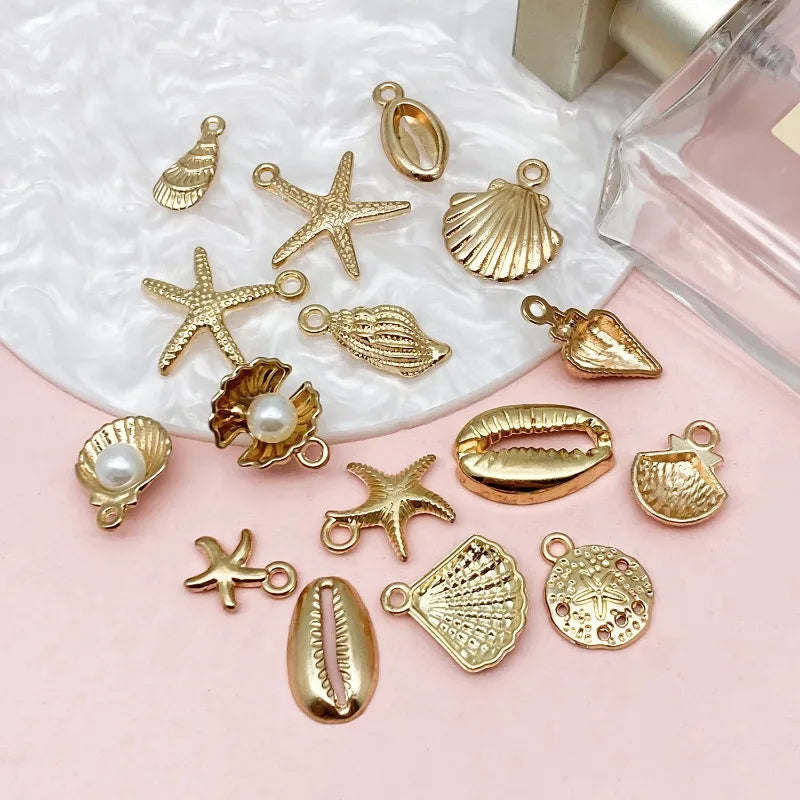 New 16pcs Gold Color Ocean Shell Conch Starfish Charms for Jewelry Making Necklace Key Chain Phone Chain DIY Materials Colorfast