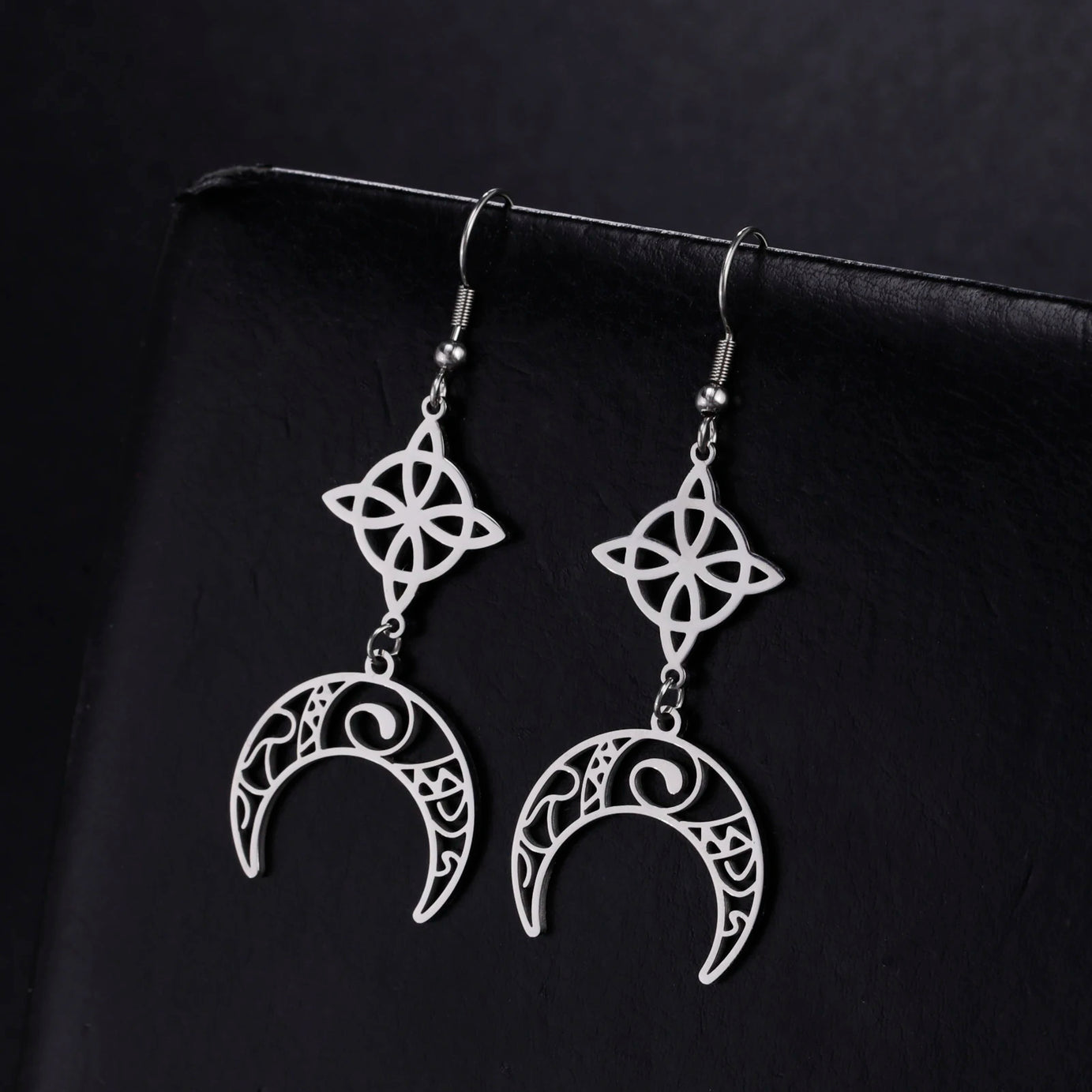 Triple Moon, Rune & Pentagram Hoop Earrings, Stainless Steel Witchy Amulet