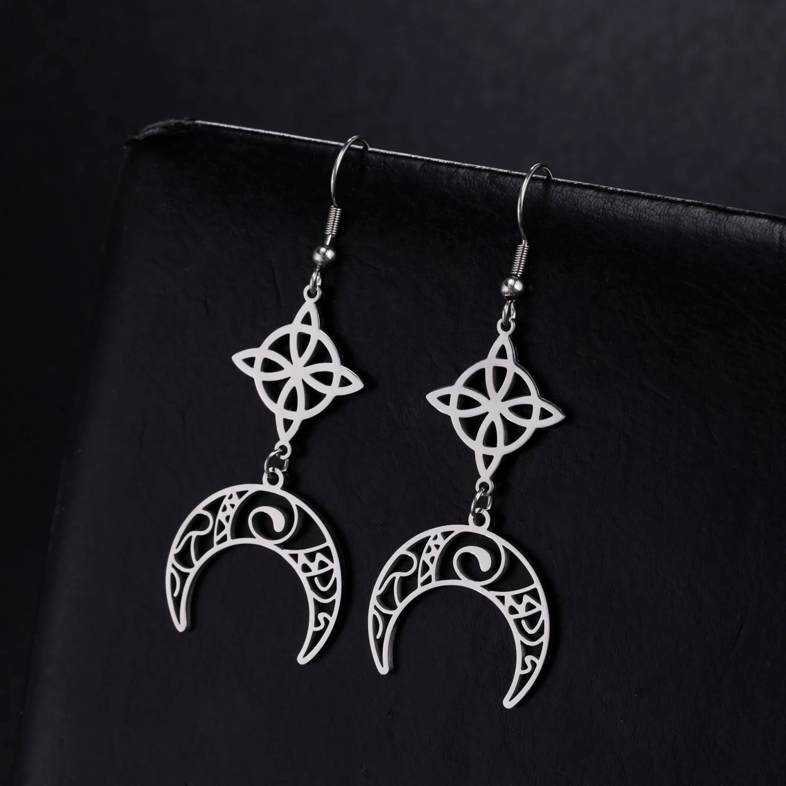 Unift Goth Stainless Steel Earring Triple Rune Moon Phase Pentagram Earrings Woman Men Vintage Jewelry Ear Piercing Witch Knot