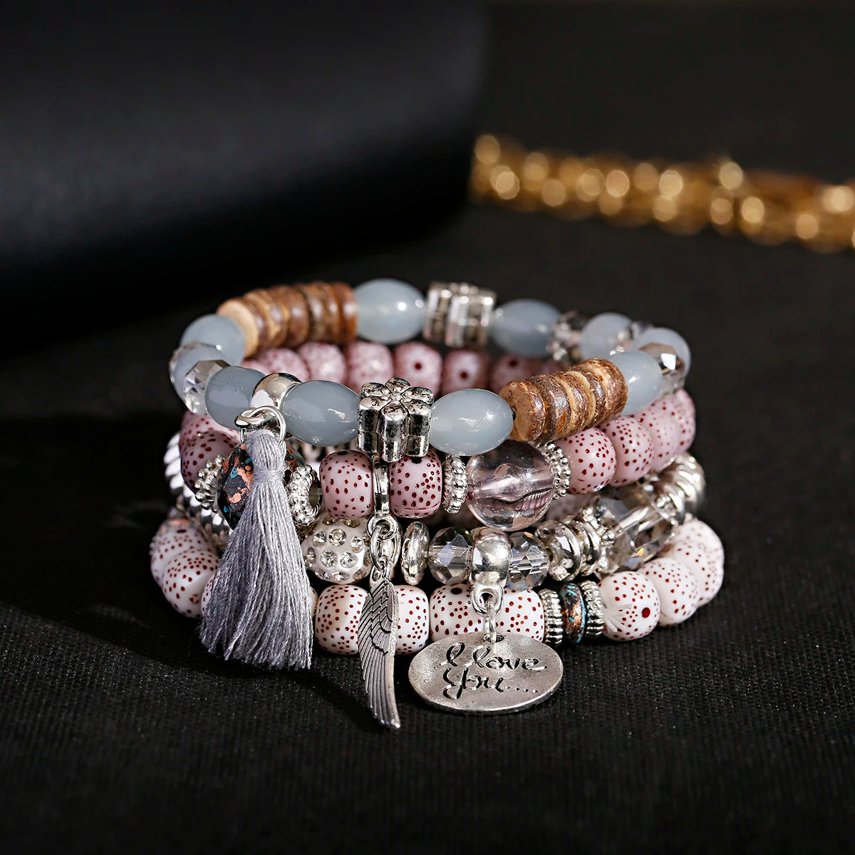 New Bohemian White Beads Tassel Bracelets Set Women Natural Lava Stone Alloy Wing Pendant Charm Bangle Boho Jewelry