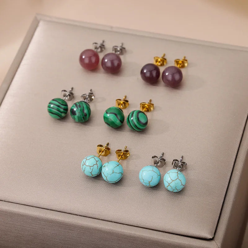 1 Pair Natural Stone Stud Earrings For Women Men Round Turquoises Tiger Eye Lapis Lazuli Beads Earring Fashion Jewelry Gift