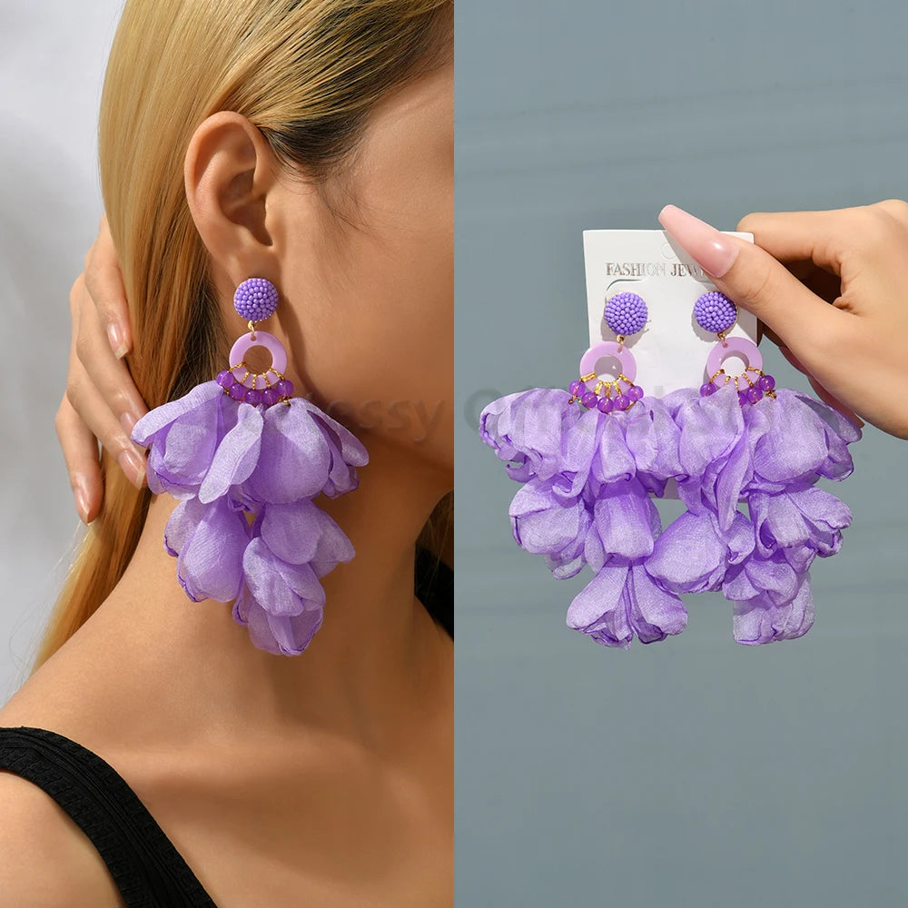 Boho Multicolor Cotton Flower Petal Dangle Earrings For Women Luxury Elegant Handmade Beaded Tassel Ear Pendant Fashion Jewelry