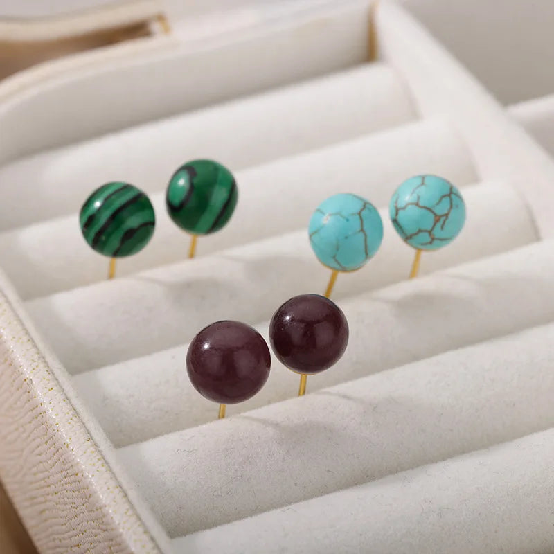 1 Pair Natural Stone Stud Earrings For Women Men Round Turquoises Tiger Eye Lapis Lazuli Beads Earring Fashion Jewelry Gift