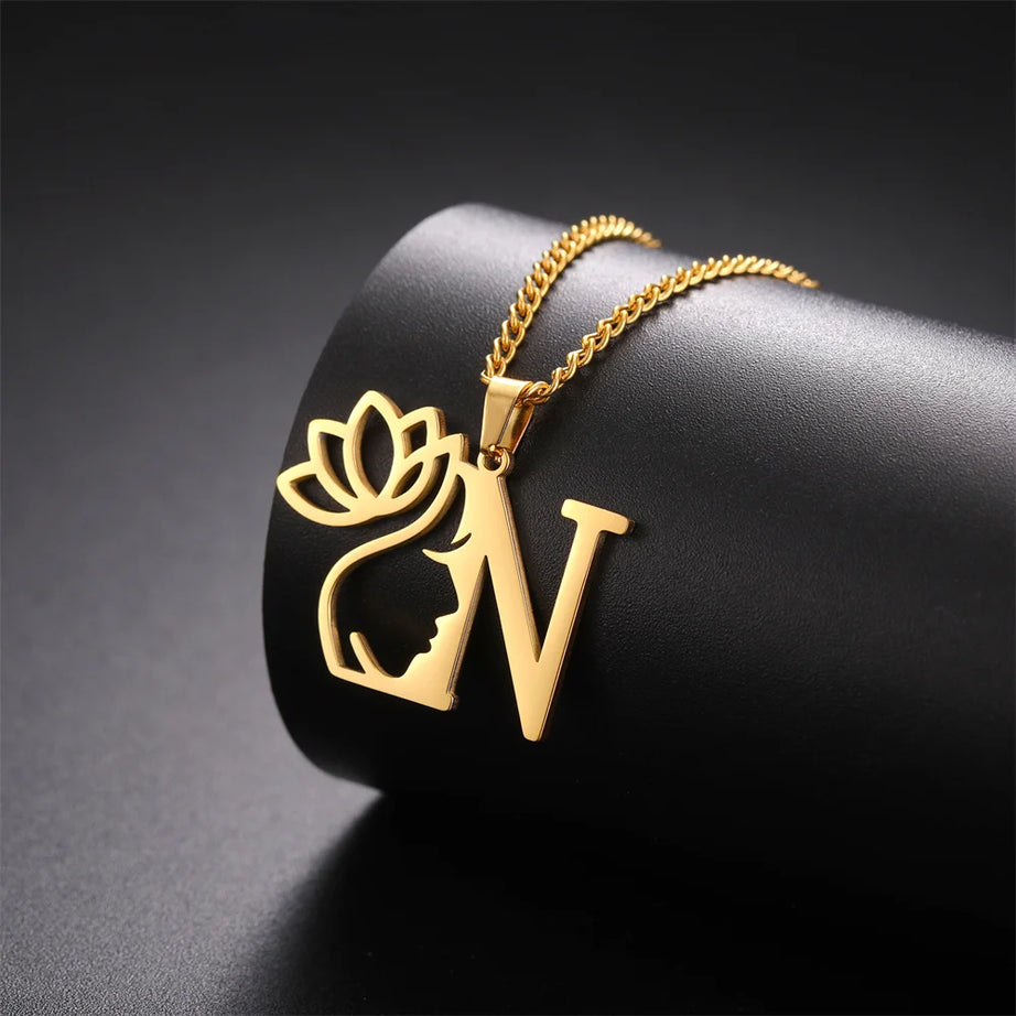 Lotus Flower Initial Letter Pendant, Personalized Stainless Steel Necklace