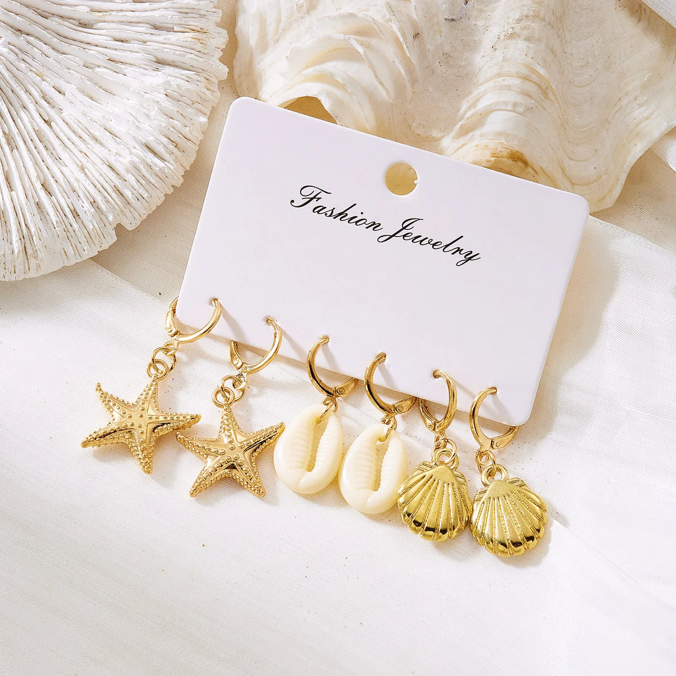 Starfish, Scallop and Pearl Boho Earring Set (6 Pieces)