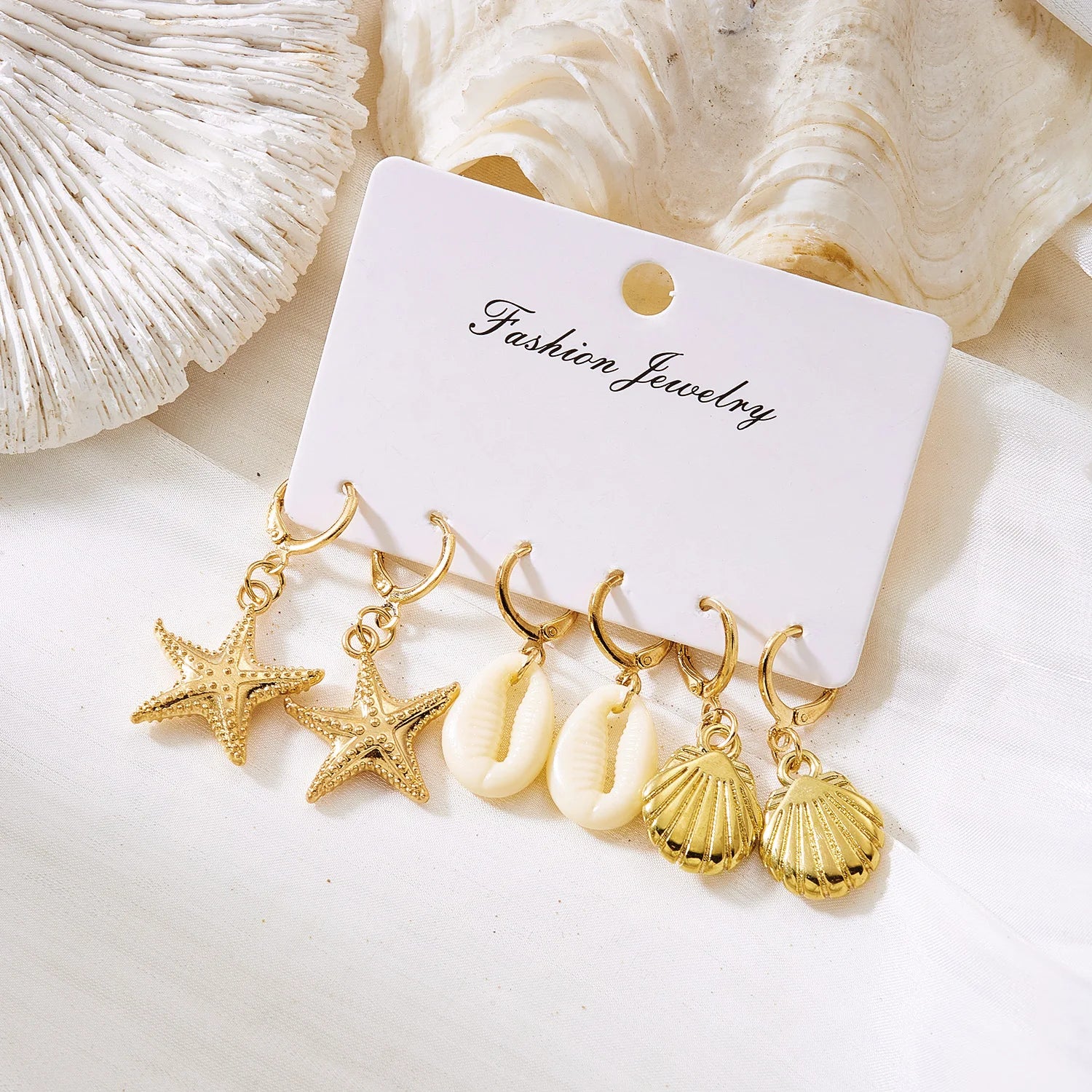 6Pcs Boho Starfish Shell Scallop Earring Set For Women Imitation Pearl Metal Geometric Earring Beach Party Versatile Jewelry