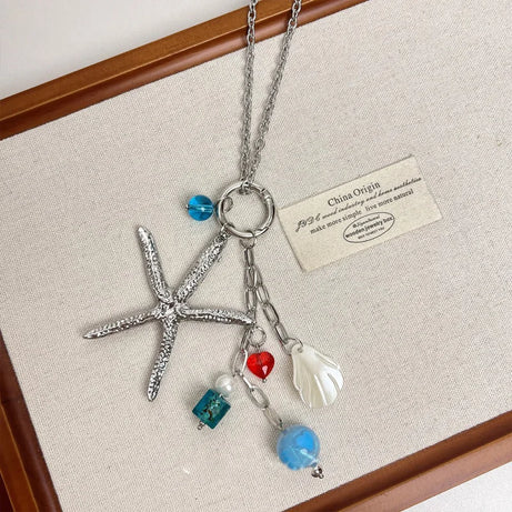 Irregular Shell, Starfish and Pearl Tassel Necklace and Earring Set