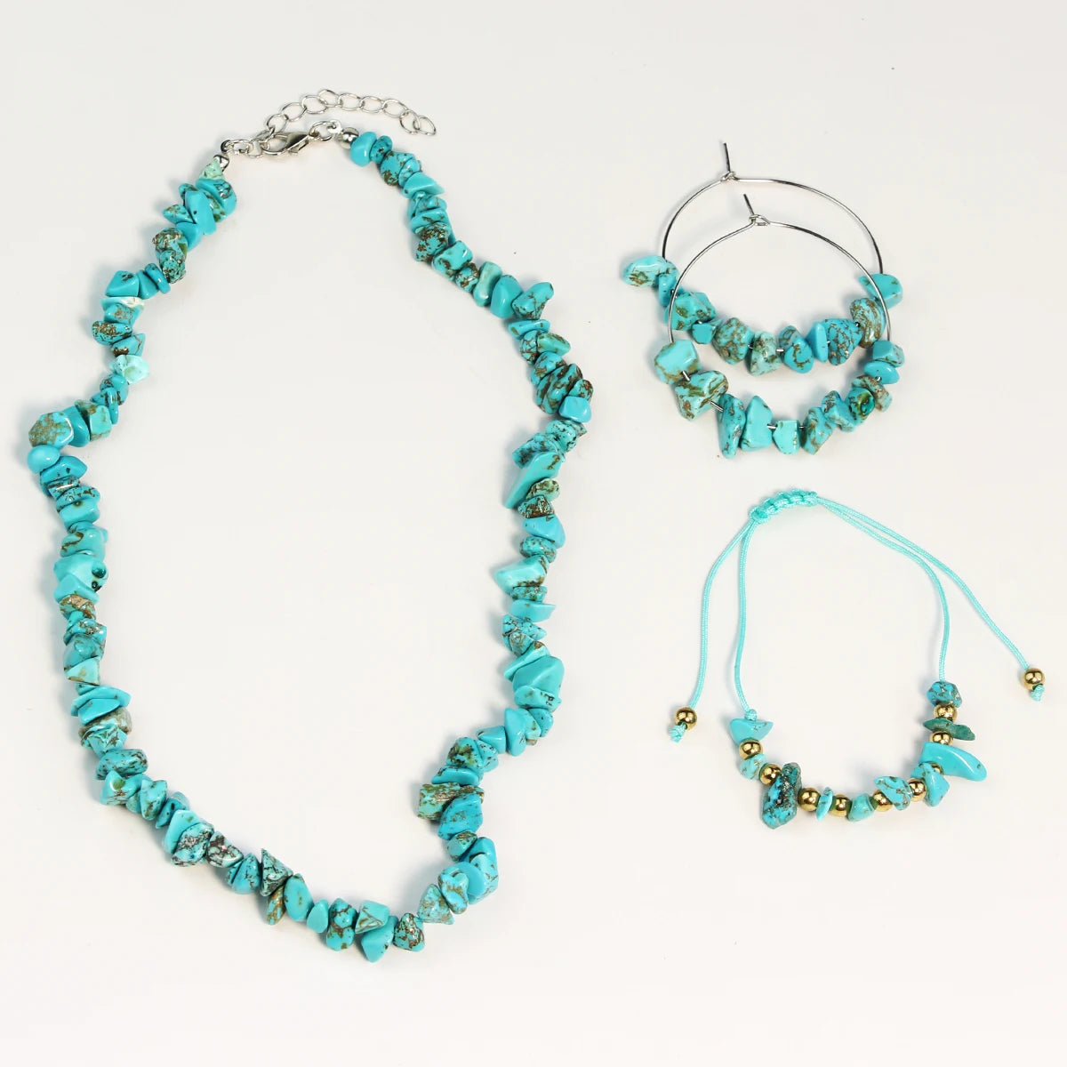 3PCS Natural Stone Turquoise Crushed Stone Necklace Bracelet Earrings Set Boho Unisex Fashion Summer Seaside Vacation Jewelry