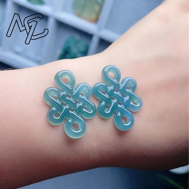 High2PC Natural Ice Blue Water Jade Chinese Knot Pendant Bead DIY Earrings Charm Jewellery Fashion Accessories Amulet Gift Women