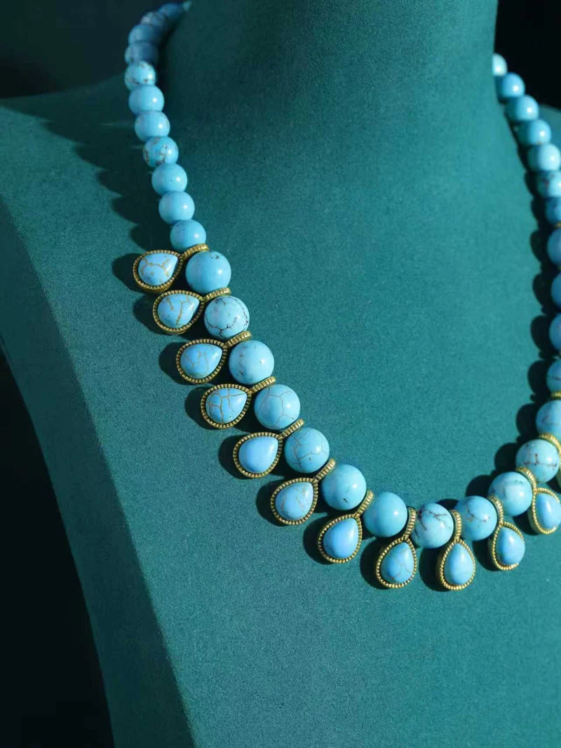 Bohemia Blue Natural Stone Water Drop Beads Chain Choker Necklace Vintage Jewelry for Woman Retro New in Boho Luxury Accessories