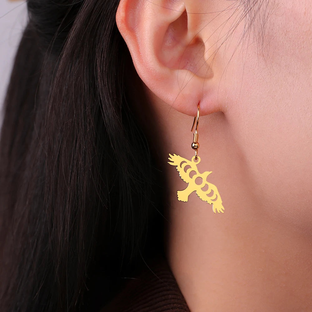 Dawapara Moon Phase Cutout Crow Necklace Earrings Ring Raven Jewelry Set Good Luck Mythical Creatures Pendant Stainless Steel