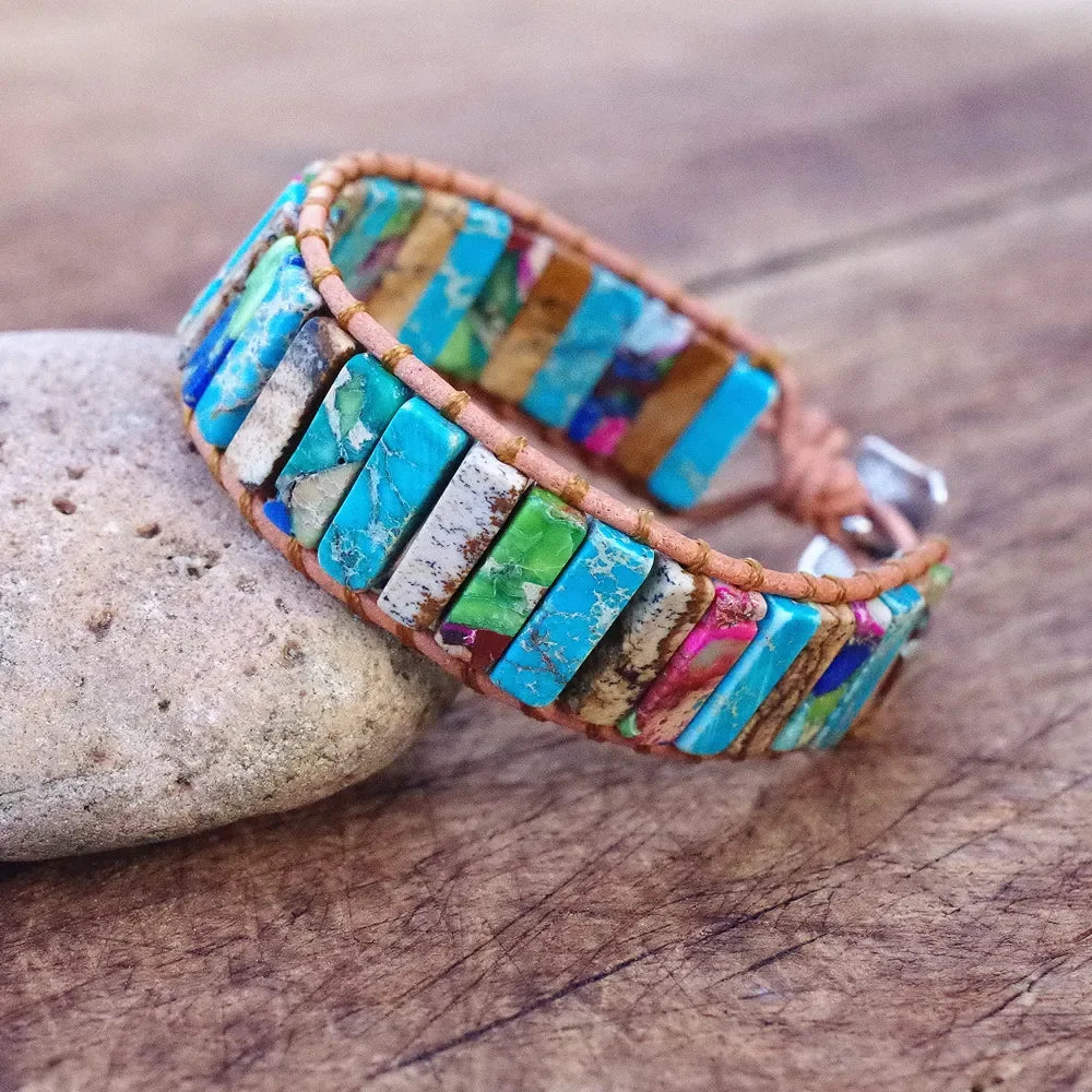 Women Men Boho Leather Wrap Bracelet & Bangle Natural Amazonite Stone Beaded Bohemia Charm Bracelet Handmade Jewelry Gift