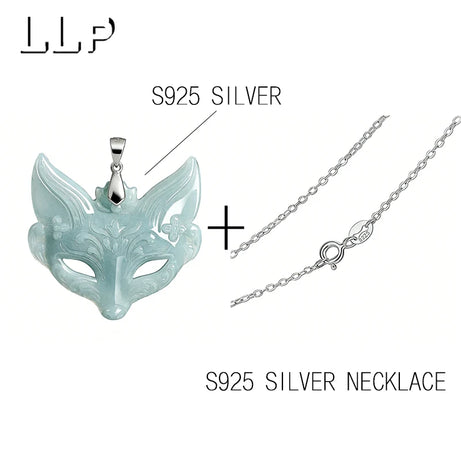 S925 Sterling Silver Hand-Carved Jade Fox Mask Pendant Necklace, Sacred Kitsune Amulet
