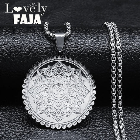 Om Lotus Mandala Yoga Necklace, Stainless Steel Buddhist Amulet