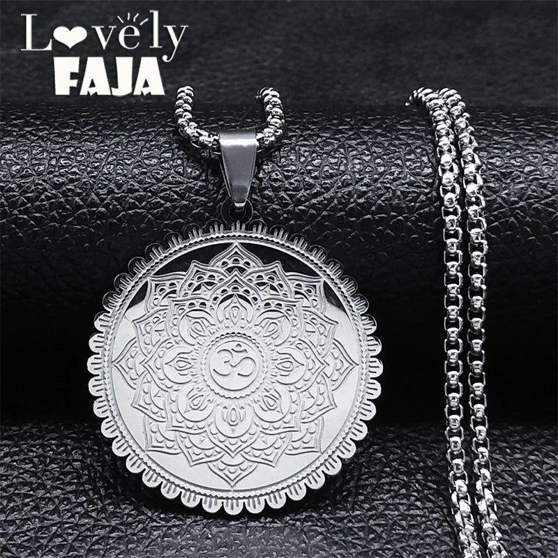 OM Lotus Flower India Yoga Mandala Necklace for Women Men Stainless Steel Buddhism Talisman Amulet Necklaces Jewelry GIfts N2334