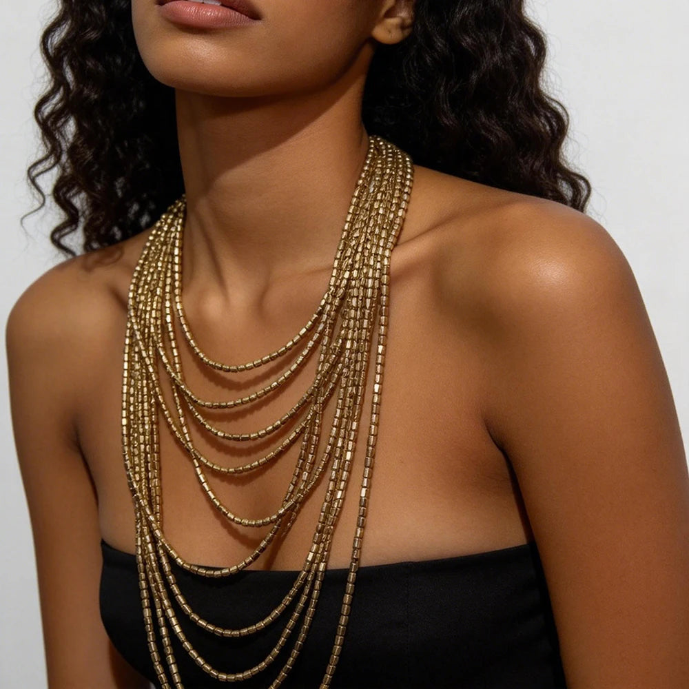 Resin Bead Multilayer Long Statement Necklace Jewelry