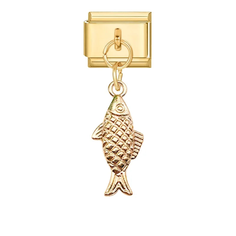 Vintage Golden Sea Shell Conch Starfish Dolphin Turtles Pendant Bead Fit 9mm Italian Charm Bracelet Stainless Steel DIY Making