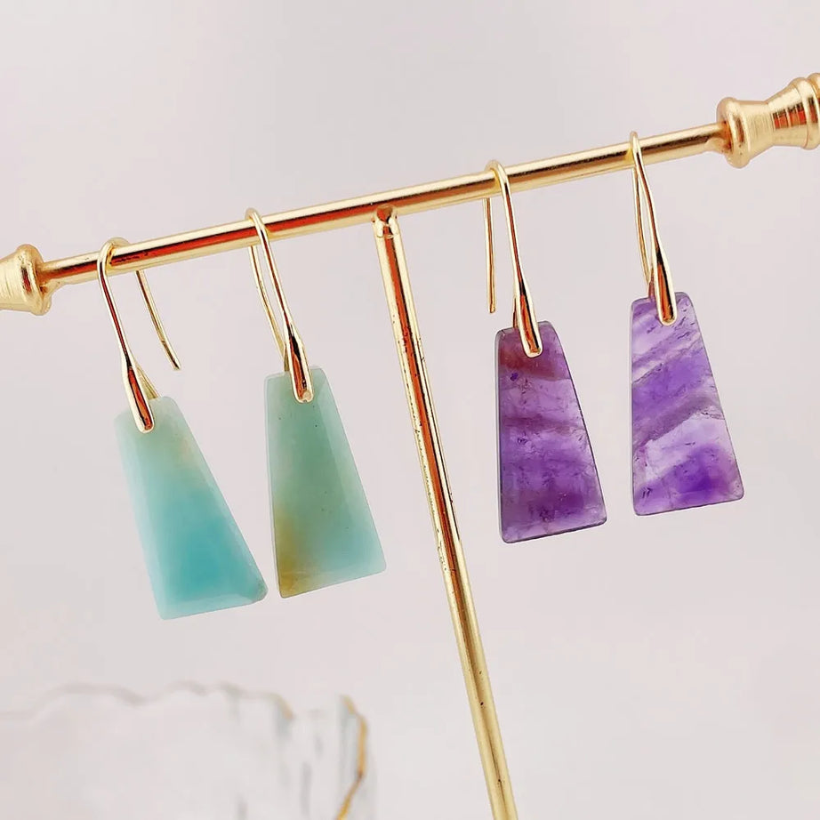 Natural Crystal Geometric Drop Earrings, Amethyst Rose Quartz Healing Tassel Jewelry
