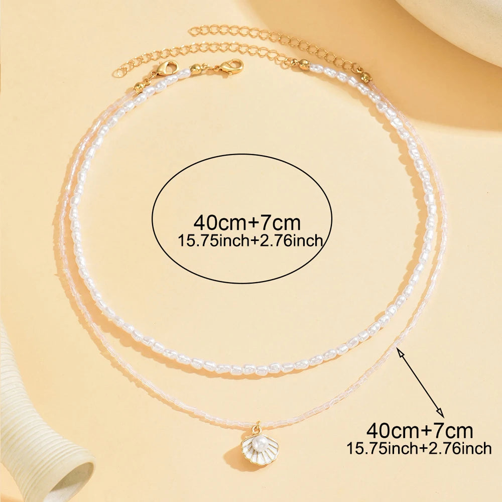 Glass Bead Pearl Shell Layered Necklace Set Jewelry