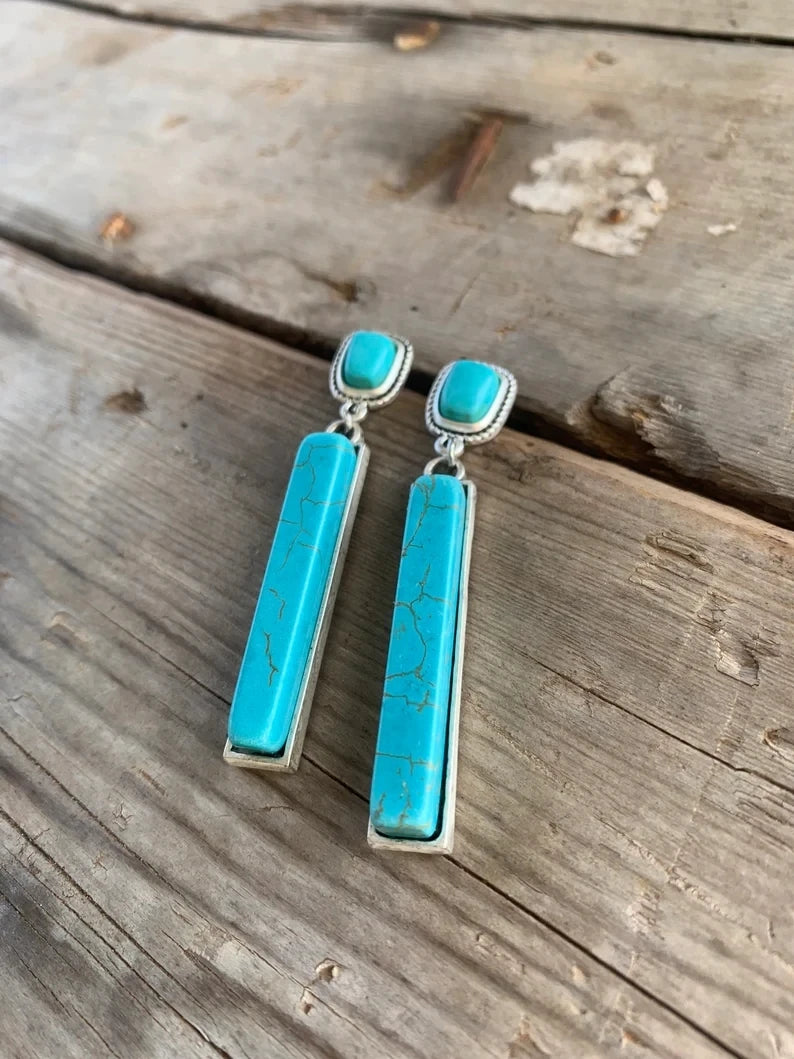 Retro Bohemian Rectangular Lapis Lazuli earrings, Fashionable Bluestone pendant, women's Jewelry Accessories