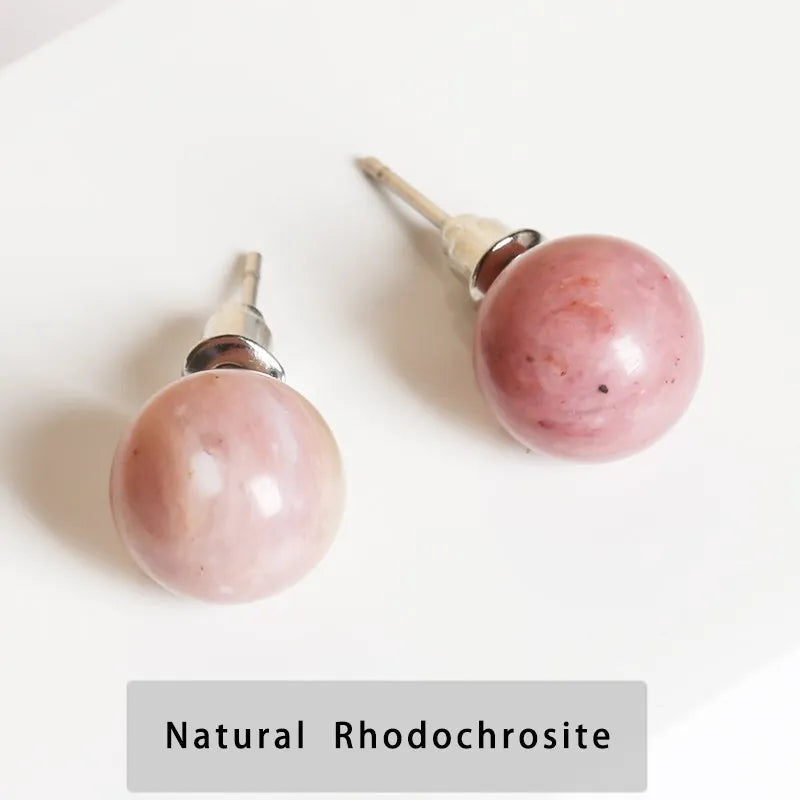 Natural Stone Agate Quartz Lapis Lazuli Tiger Eye Round Bead Stud Earrings Women Fashion Simple Stainless Steel Crystal Ear Stud