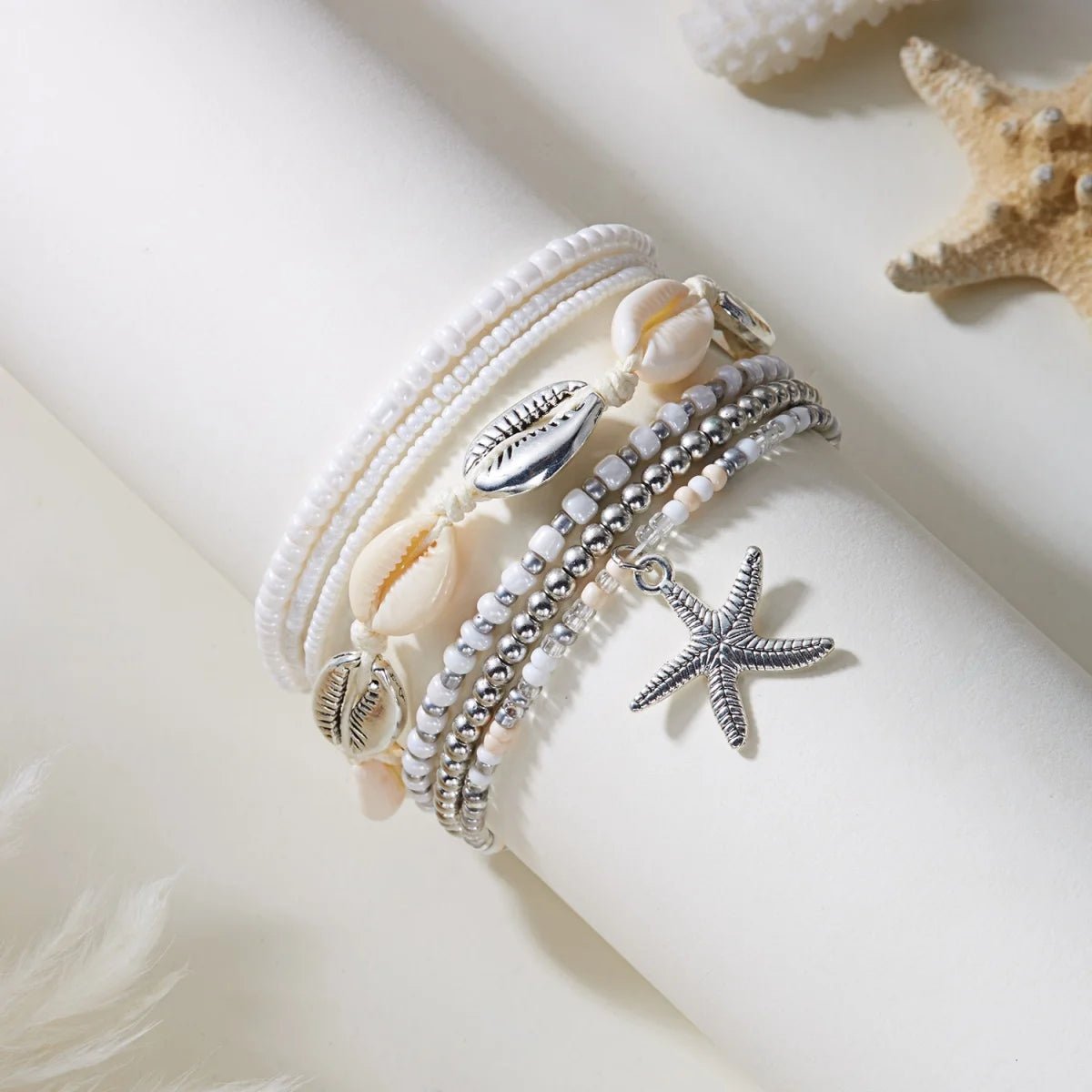 Multilayer Metal Starfish Tassel Shell Rice Beads Anklet Set For Women Men Boho Beach Vacation Foot Chain Ankle Bracelet Jewelry
