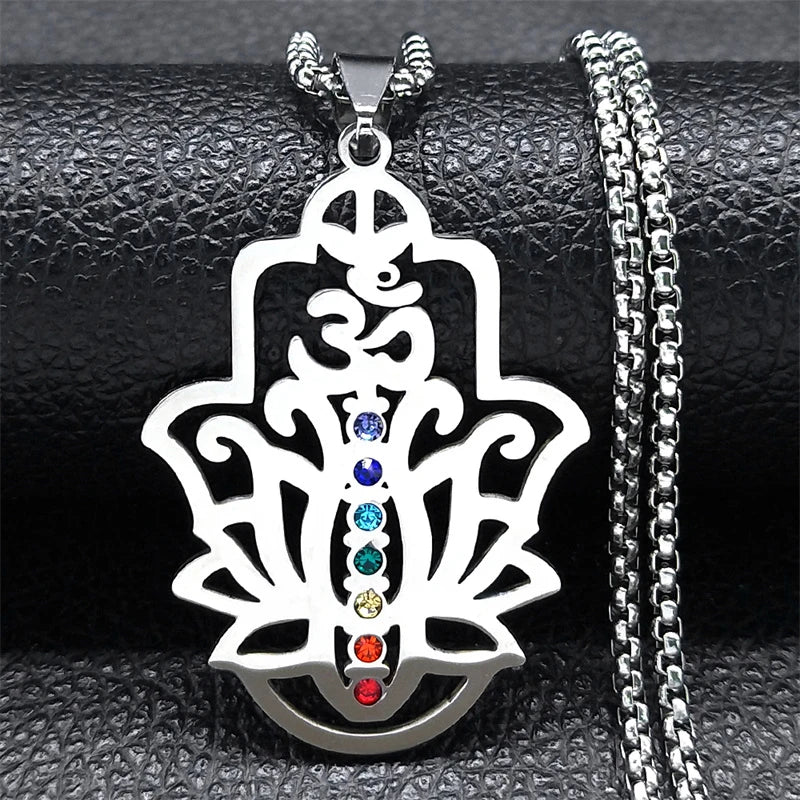 Aesthetic 7 Chakra OM Lotus Flower Pendant Necklace for Women Men Stainless Steel Yoga Healing Chain Jewelry collar N9727S02