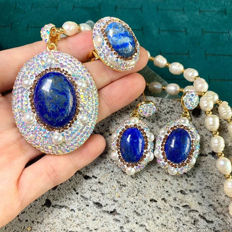 Unique Natural Lapis lazuli Gemstone Jewelry Set for Women AB Rhinestone Freshwater Pearl Quartz Necklace Rings Lady Dress Acces - Charlie Dolly