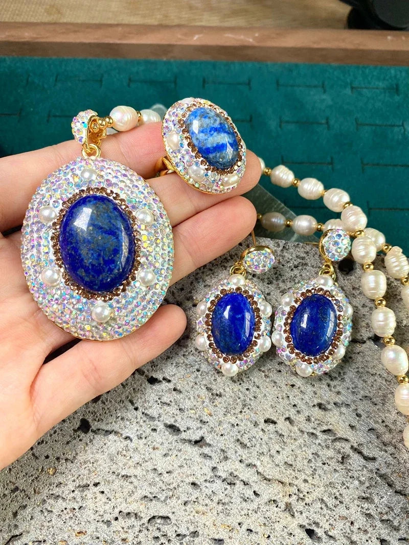 Unique Natural Lapis lazuli Gemstone Jewelry Set for Women AB Rhinestone Freshwater Pearl Quartz Necklace Rings Lady Dress Acces