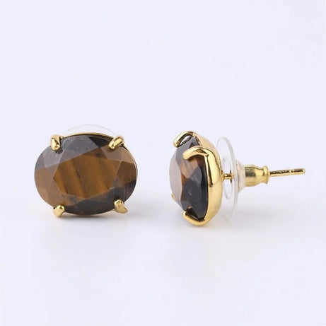 Oval Shape Stud Earrings golden Color Natural Stone Faceted Pink Quartz Crystal Agate lapis lazuli Healing Jewelry Female - Charlie Dolly
