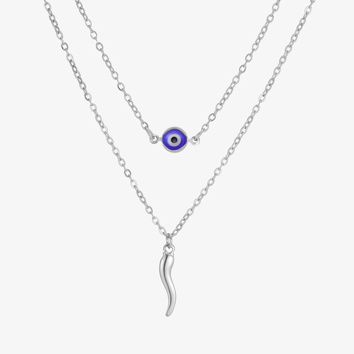 Italian Horn & Evil Eye Double Layer Necklace, Spiritual Protection Amulet