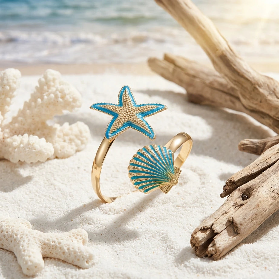 Starfish and Shell Enamel Bangle Bracelet