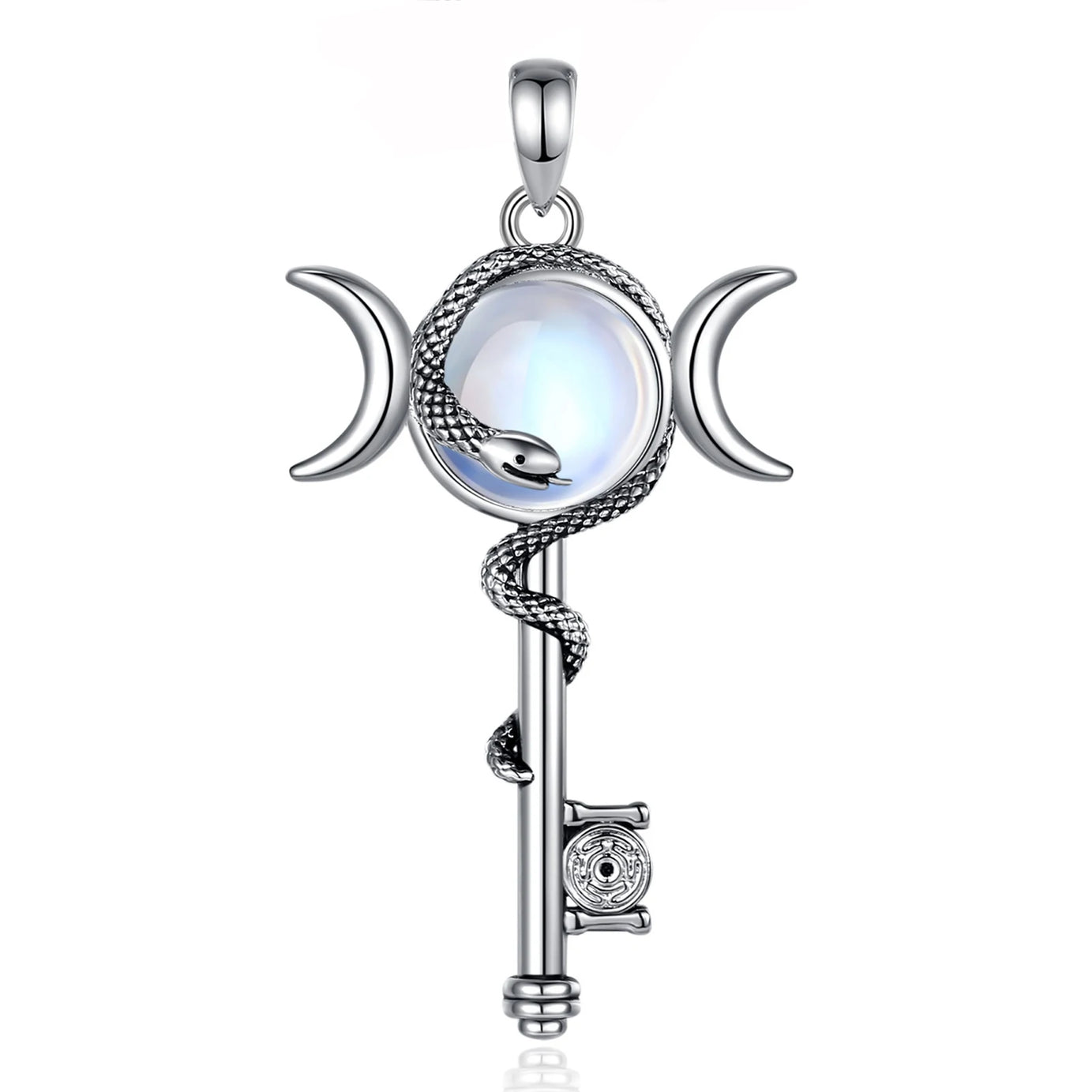 Hecate Key & Triple Moon Goddess Pendant with Moonstone, Sacred Witch Amulet
