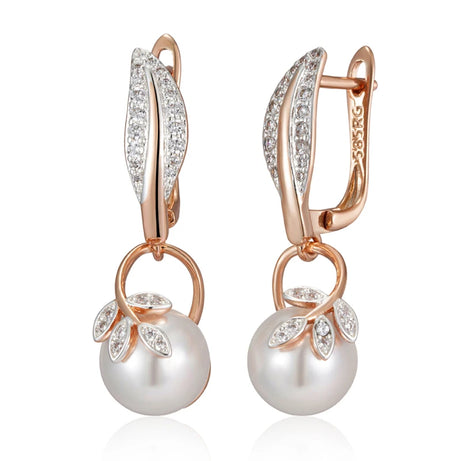 Crystal Flower Pearl Rose Gold Drop Earrings Jewelry