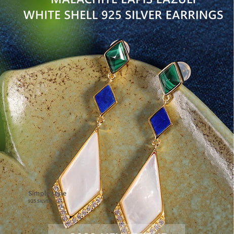 GEEZENCA Malachite Lapis Lazuli Shell 925 Silver Dangle Earrings For Women Unusual Geometric Natural Stone Drop Earring Gift - Charlie Dolly