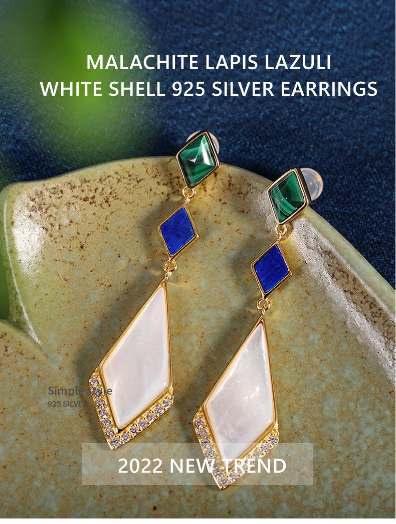 GEEZENCA Malachite Lapis Lazuli Shell 925 Silver Dangle Earrings For Women Unusual Geometric Natural Stone Drop Earring Gift